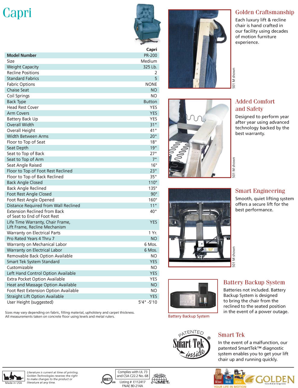 PR200 CAPRI ELECTROPEDIC economy lift chair recliner goldentech.com